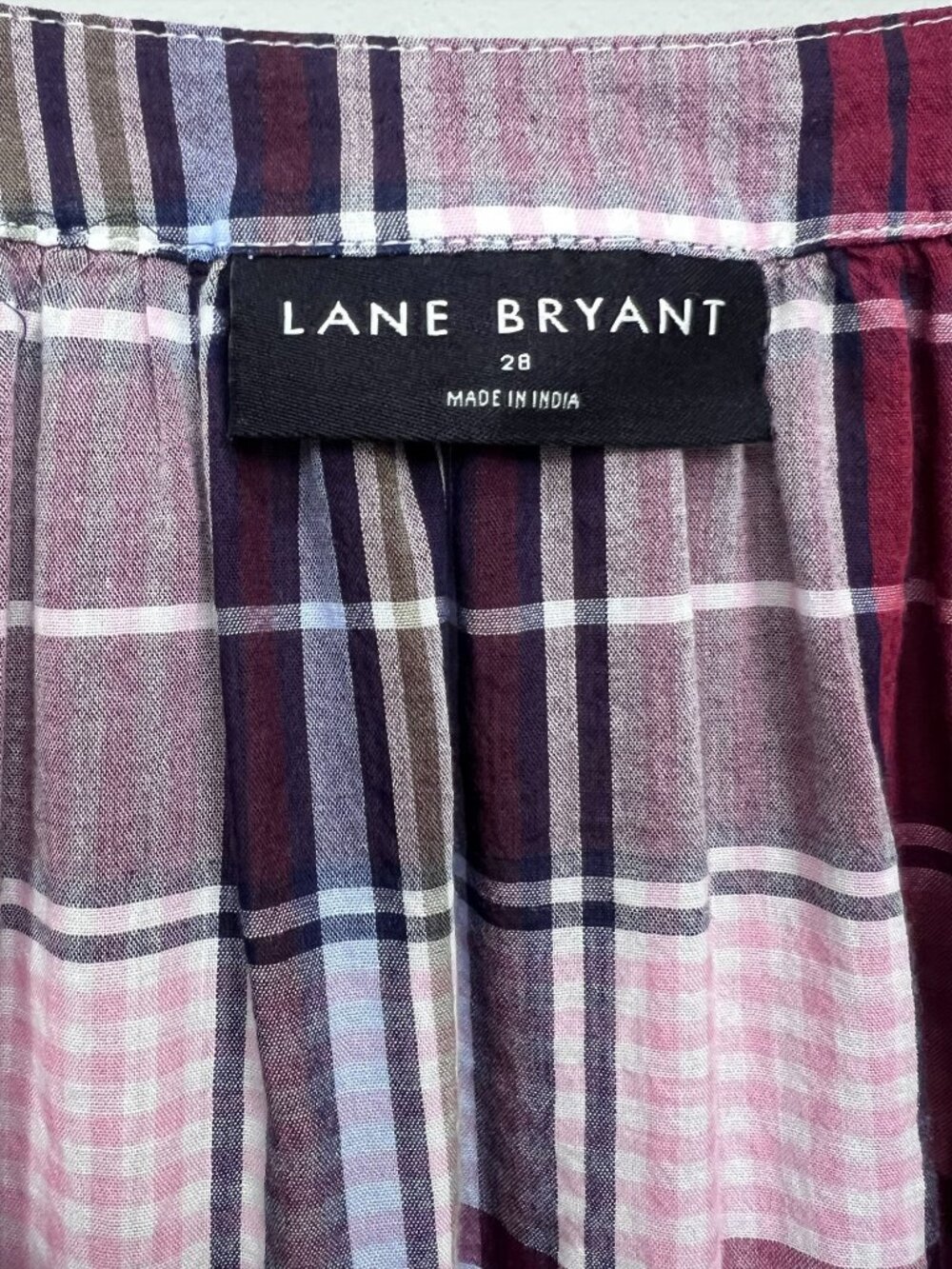 Lane Bryant Plaid Peasant Blouse Size 28 Pink Burgundy Button Front Cotton Modal - Picture 6 of 7